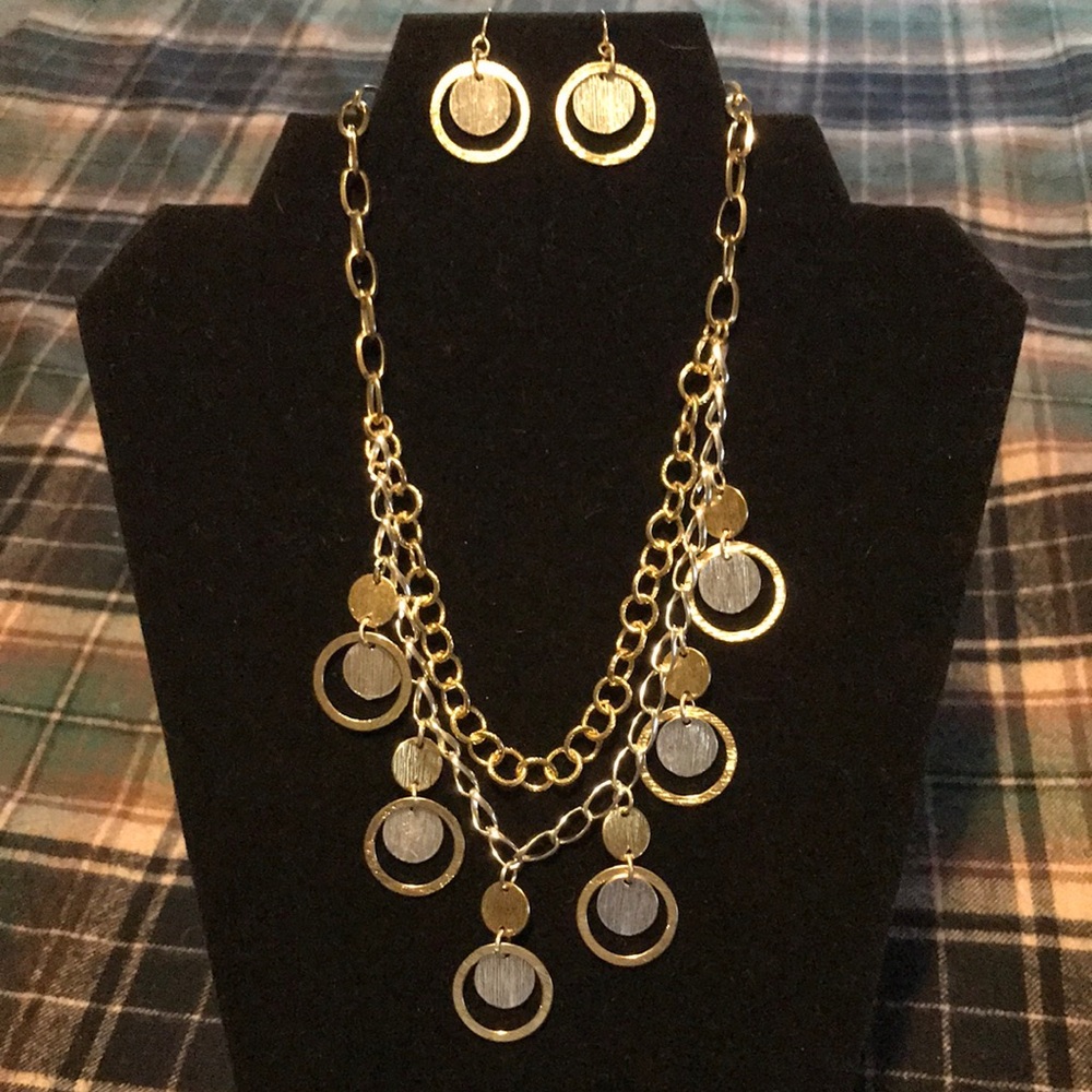 Vintage Two-tone Brushed Circle Pendant/ Earrings Set.